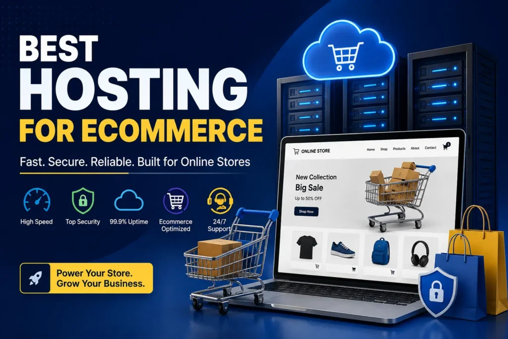 Best hosting for ecommerce comparison showing server and online store icons